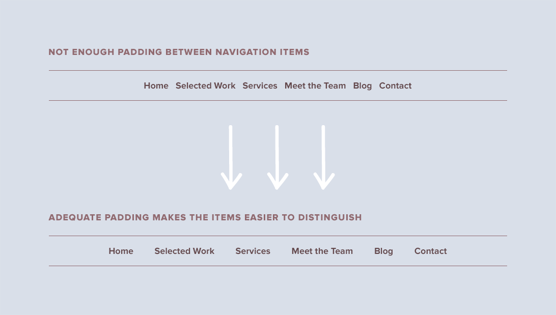 Navigation without enough padding vs navigation with adequate padding